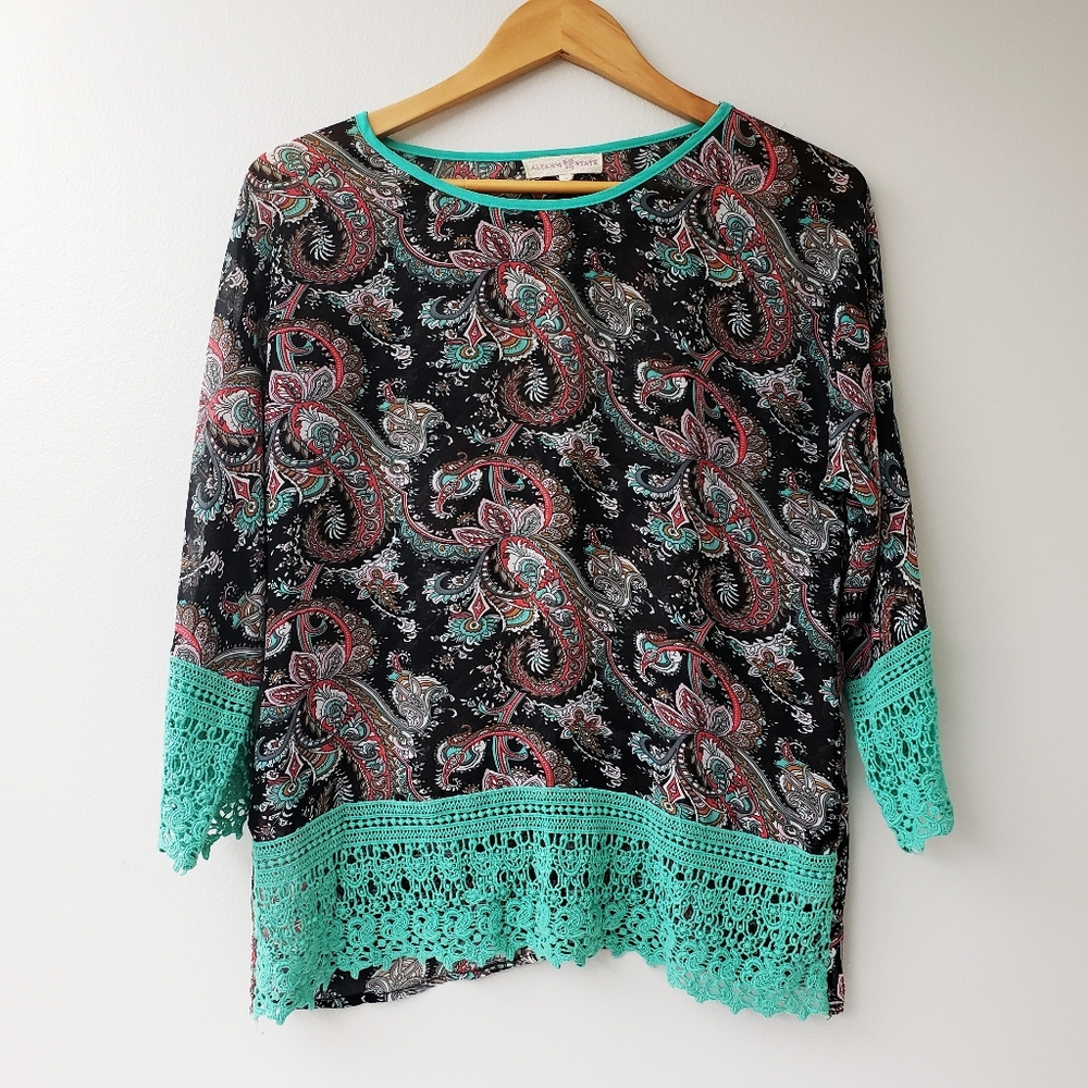 Altar'd State Boho Tunic Lace Green Black Small - Picture 3 of 7